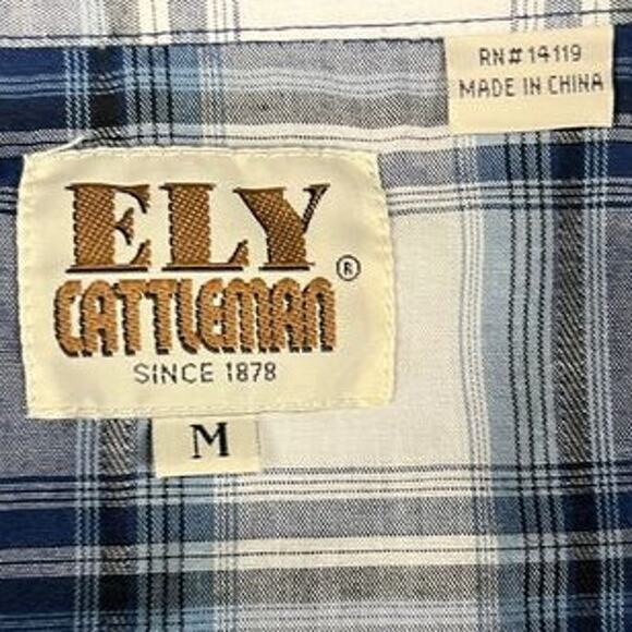ELY CATTLEMAN WESTERN PEARL SNAP SHIRT MEDIUM BLUE PLAID LONG SLEEVE MEN'S - Picture 3 of 10